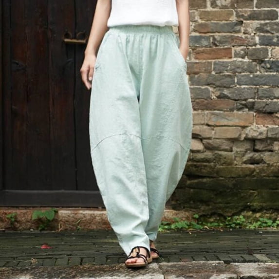 SBYOJLPB Women's Casual Loose Baggy Pocket Pants Fashion Playsuit Trousers Overalls Cotton and Linen Pants Mint Green 4(S)