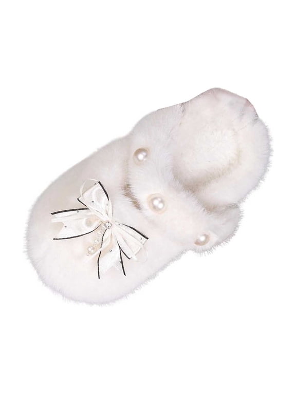 Women's Closed-Toe Slippers with Bow and Pearl Decoration Winter Casual Trendy Home Indoor Warm Slippers
