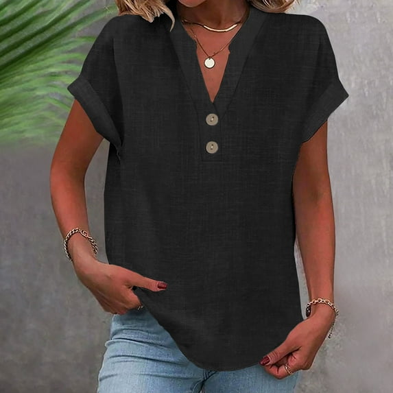 SBYOJLPB Women's Cotton Linen Cap Sleeve T-Shirt Half Button V Neck Tunic Tops Lounge Baggy Solid Color 2024 Summer Blouse Black 6(M)