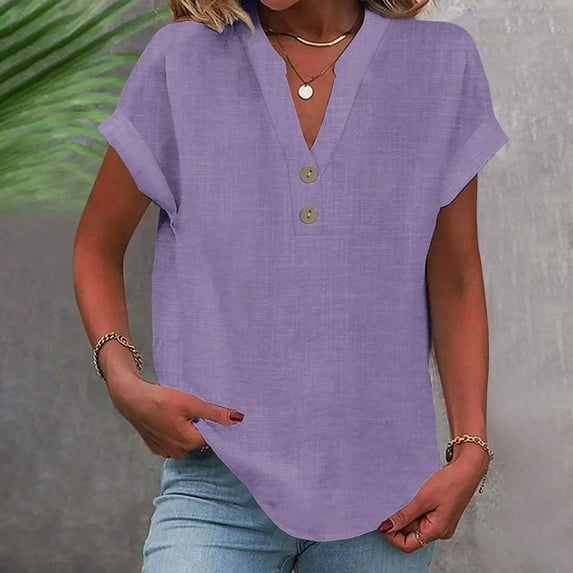 SBYOJLPB Women's Cotton Linen Cap Sleeve T-Shirt Half Button V Neck Tunic Tops Lounge Baggy Solid Color 2024 Summer Blouse Purple 6(M)
