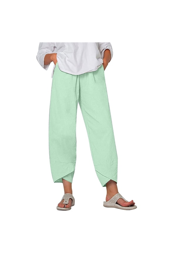 Women's Cotton Linen Summer Pants Women Casual Height Trimming and Waist Bouncing Solid Color Cotton and Linen Pants Cropped Pants Mint Green 12(XXL)