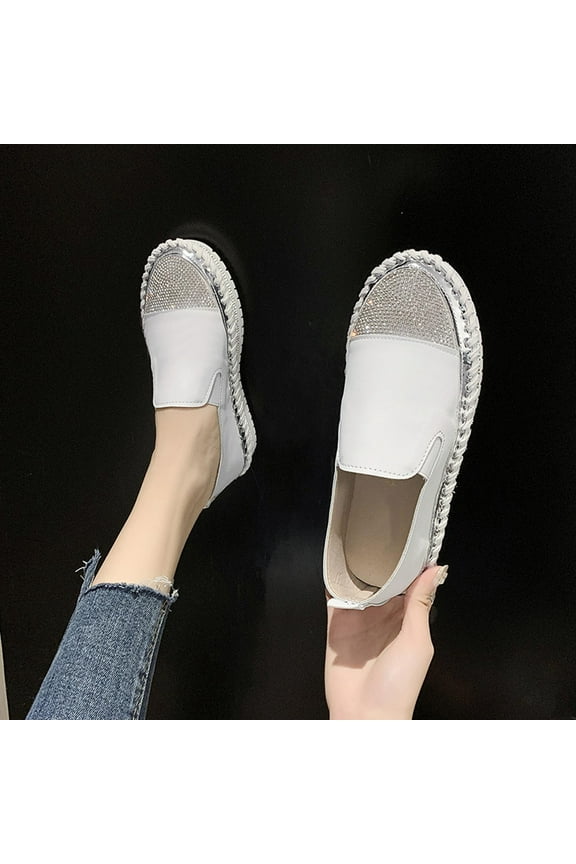 Women's Fashion Slip-On Sneakers Rhinestones Glitter Platform Flat Casual Shoes for Women White 8.5(41)
