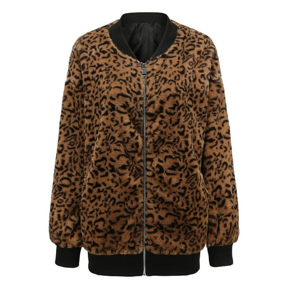 SBYOJLPB Women's Fashionable Long-Sleeved Leopard Print Bomber Zipper Jacket Casual Top Coffee XXXXL