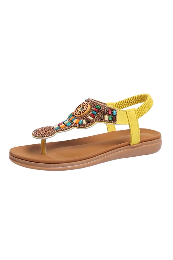 Women's Fashionable Slippers Casual Summer Sandals Bohemian Style Beaded Elastic Flat Shoes