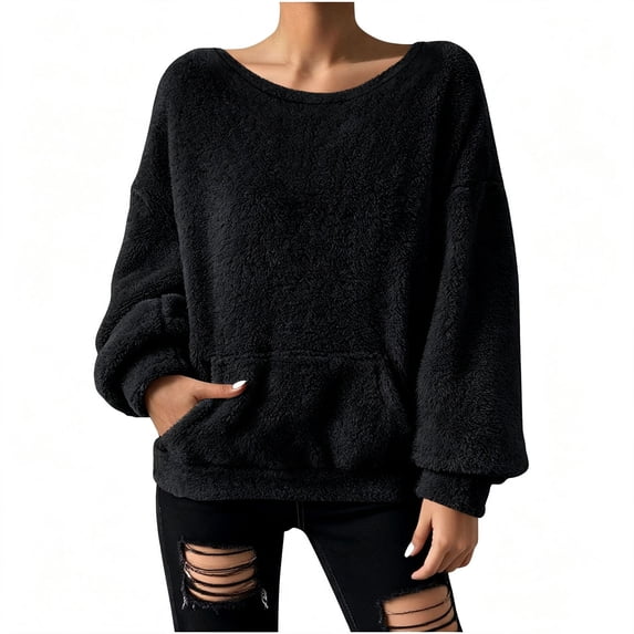 SBYOJLPB Women's Fleece Top Crew Neck Solid Color Long-sleeved Sweatshirt Pullover Tops with Pockets