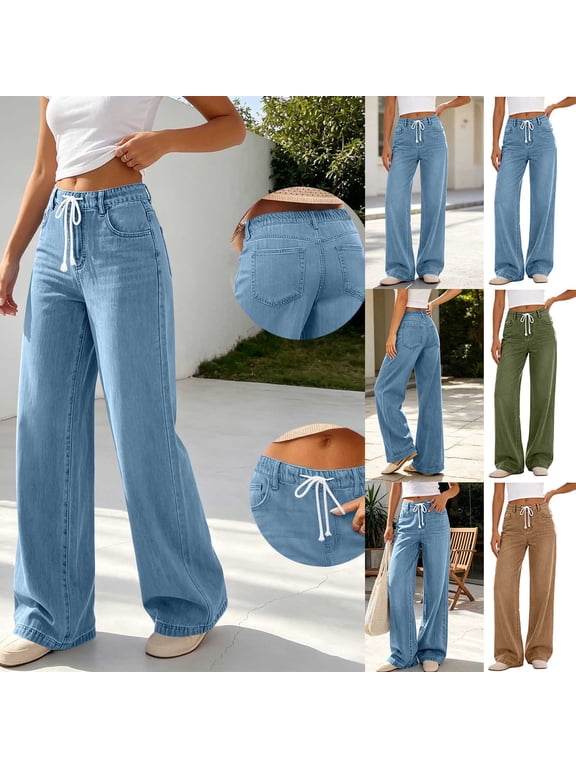 Women's Jeans Pants Elastic Waist Drawstring Solid Color Straight Leg Denim Pants with Pocket