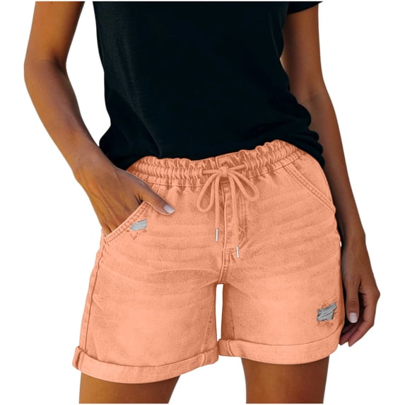 SBYOJLPB Women's Jeans Shorts Distressed Double Pocket with Drawstring Elastic Waist Denim Short Pants