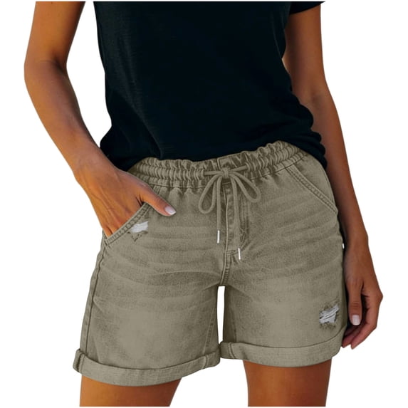 SBYOJLPB Women's Jeans Shorts Distressed Double Pocket with Drawstring Elastic Waist Denim Short Pants