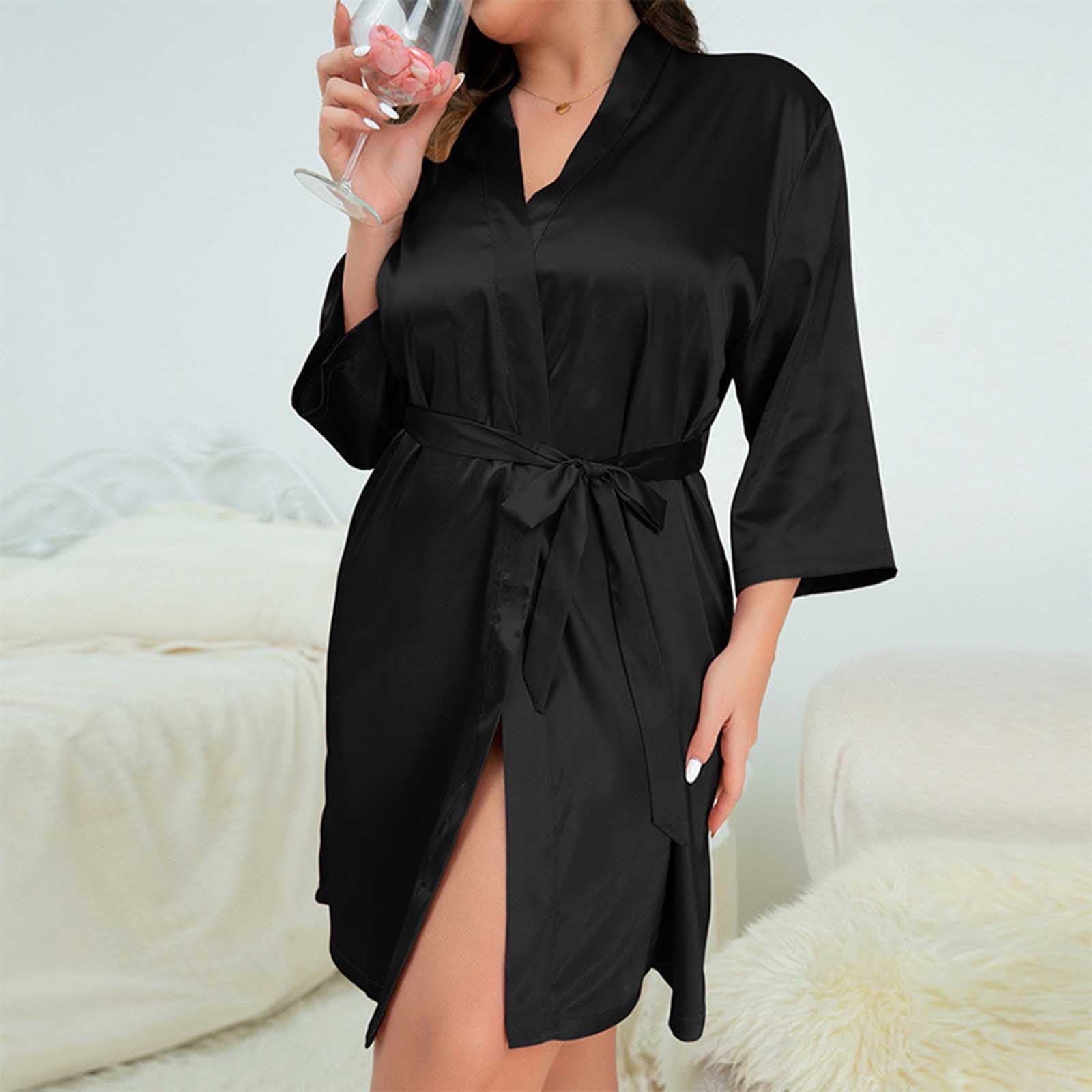 SBYOJLPB Women's Lace-Trim Silk Robes Bride Bridesmaid Kimono Satin Bathrobe  V Neck Sleepwear with 3/4 Sleeve Black 14(XXXL) - Walmart.com