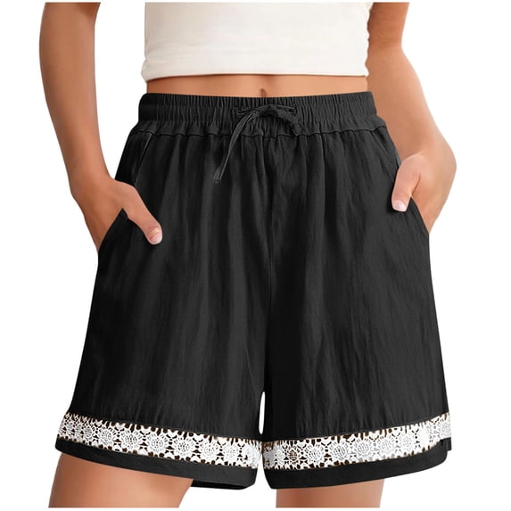 SBYOJLPB Women's Linen Short Pants Hollowed Out Lace Elastic Waist Drawstring Shorts and Trousers
