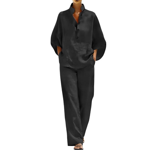 SBYOJLPB Women's Linen Summer Set Casual V-neck Top and Wide Leg Pants Set Two-piece Sets
