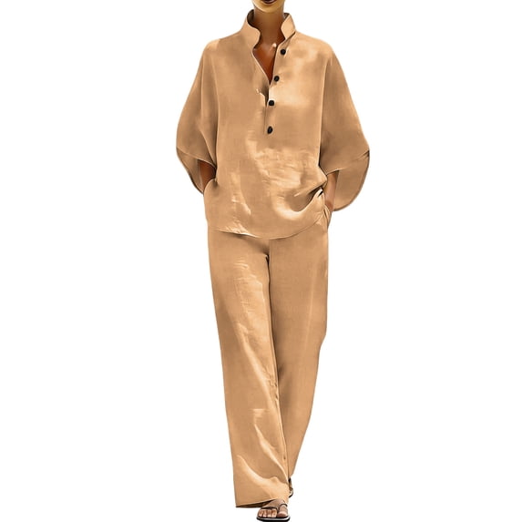 SBYOJLPB Women's Linen Summer Set Casual V-neck Top and Wide Leg Pants Set Two-piece Sets