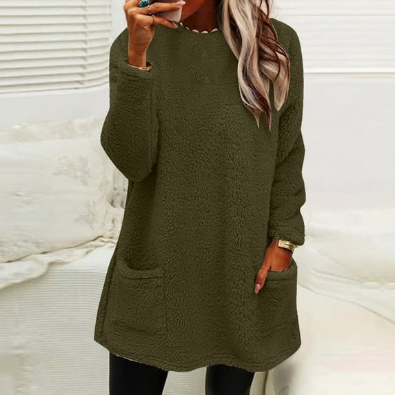 SBYOJLPB Women's Long Sleeve Women's Round- Neck Autumn and Winter Loose Solid Pocket Warm Long Sleeve Blouse Tops Army Green,XXL Army Green 12(XXL)