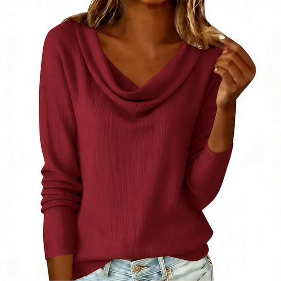 SBYOJLPB Women's Long-sleeved Top Solid Color Temperament Collar Pleated Turndown Collar Linen Long Sleeved Round Neck Top
