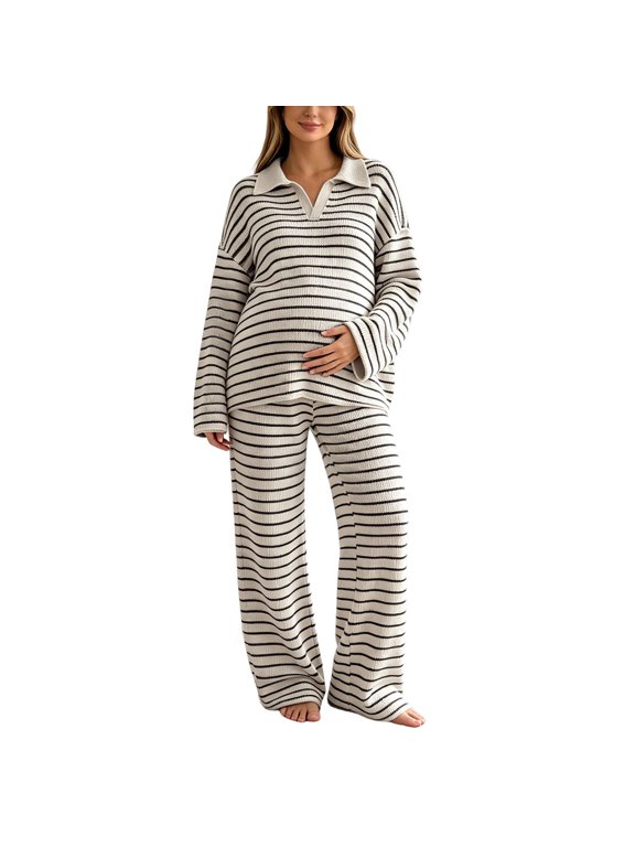 Women's Maternity Sets Adjustable Waist Casual Stripe Knitted Turndown Collar Tops and Loose Pants Casual Sets
