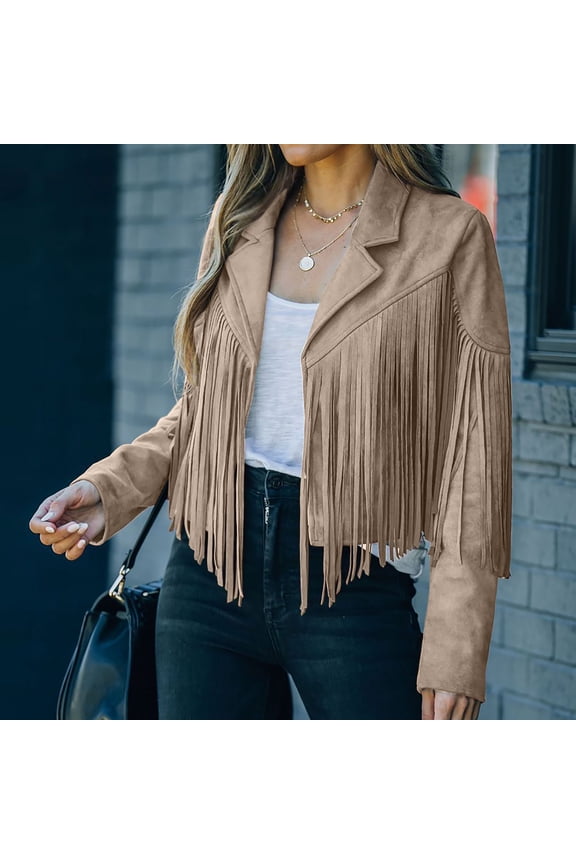 Women's Overcoat Fringe Coat for Women Faux Suede Leather Cow Style Coat Long Sleeve Tassels Cardigan Coat Khaki 8(L)