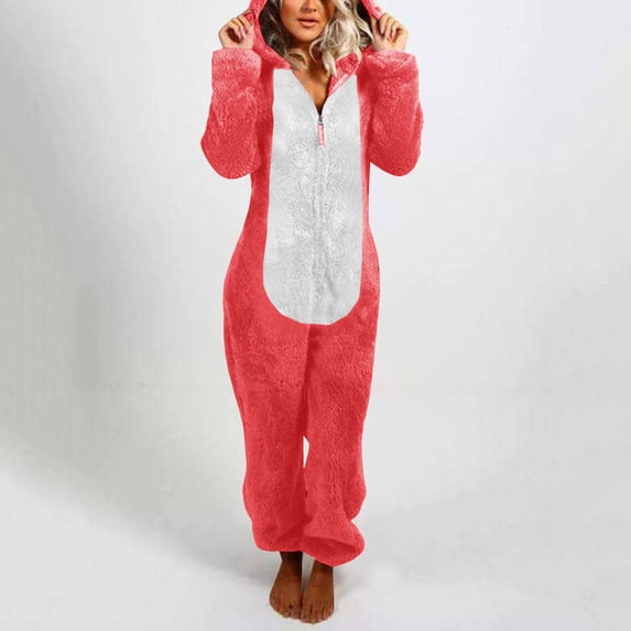 SBYOJLPB Women's Pants Women Long Sleeve Hooded Jumpsuit Pajamas Casual Winter Warm Rompe Sleepwear Watermelon Red 16(XXXXL)