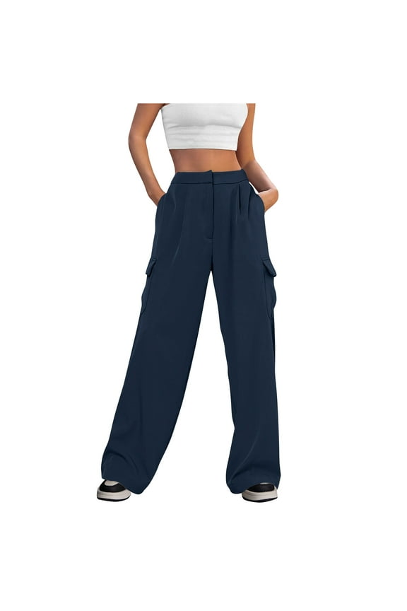 Women's Pants Women's New Solid Color Casual Pocket Wide Leg Suit Pants Navy 10(XL)