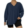 thumbnail image 1 of UTTOASFAY Women's Plus Size Pullover Top Solid Color Long Sleeve V Neck Casual Blouse Comfortable Hem Slit Loose Fit Fashion Daily Shirt Navy, 1 of 5