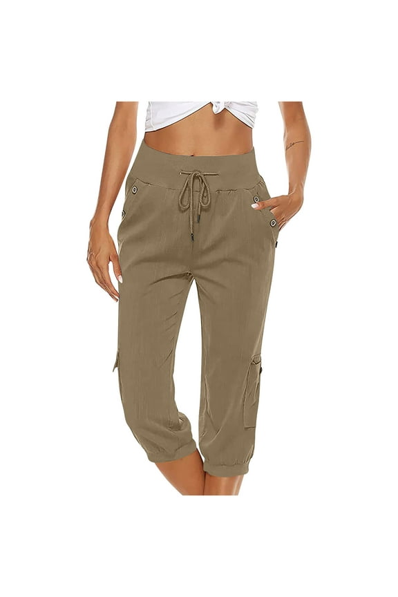 Women's Plus Size Stretch Cargo Capris Front and Side Pockets Casual Cropped Pants Khaki 12(XXL)