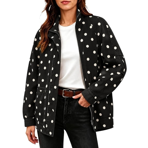 SBYOJLPB Women's Polka Dot Coat Stand Collar Zip Up Jacket with Pockets