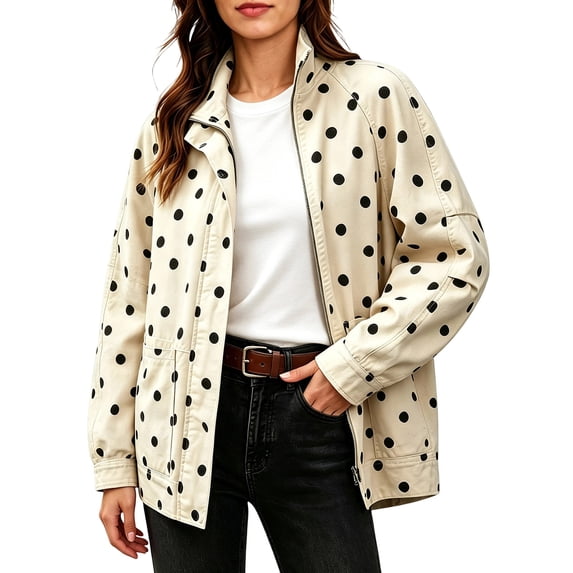 SBYOJLPB Women's Polka Dot Coat Stand Collar Zip Up Jacket with Pockets