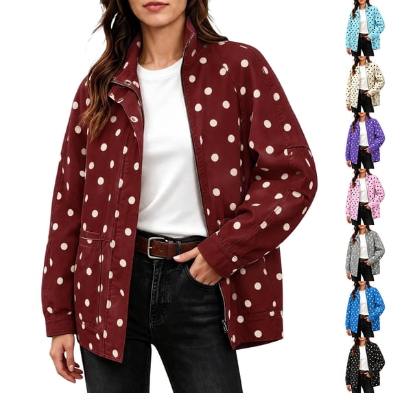 SBYOJLPB Women's Polka Dot Coat Stand Collar Zip Up Jacket with Pockets