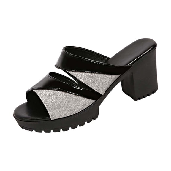 SBYOJLPB Women's Sandals Fashionable Casual Comfortable Plus Size Solid Color Sequined Round Toe Open Toe Heel High-Heeled Mules Sandals