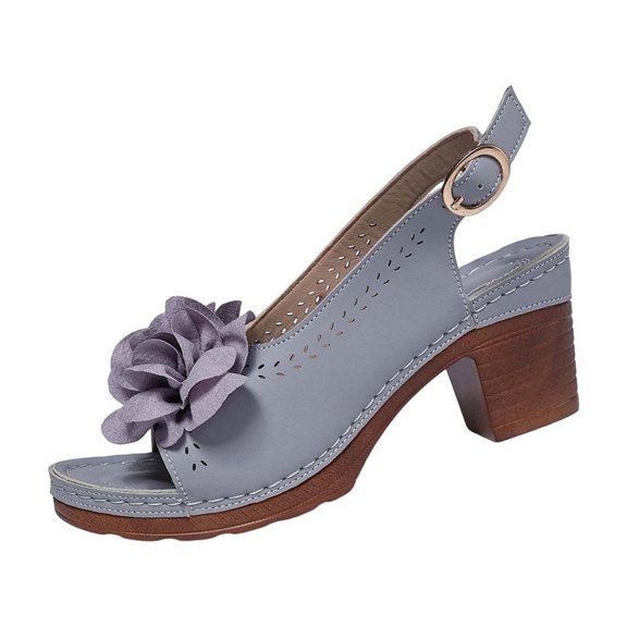 SBYOJLPB Women's Sandals Fashionable Casual Outerwear Versatile Plus Size Solid Color Floral Round Toe Open Toe Backless Buckle Heel High-Heeled Sandals