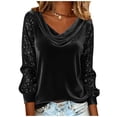thumbnail image 1 of SBYOJLPB Women's Sequin Panel Velvet Long Sleeve Cowl Neck Pullover Casual All-Season Lightweight Women's Top Black M, 1 of 5