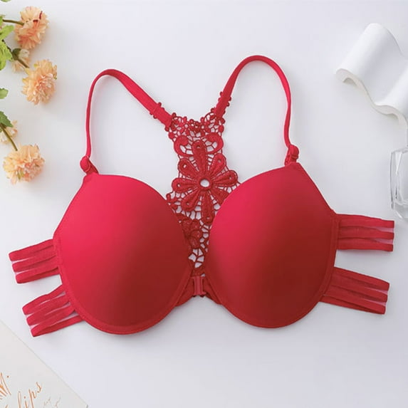 SBYOJLPB Women's Sexy Bra Women Bras Plus Size Behind Buckle Comfortable Breathable Exhaust Base Non-Steel Ring Buckle Front Buckle Underwear Red S