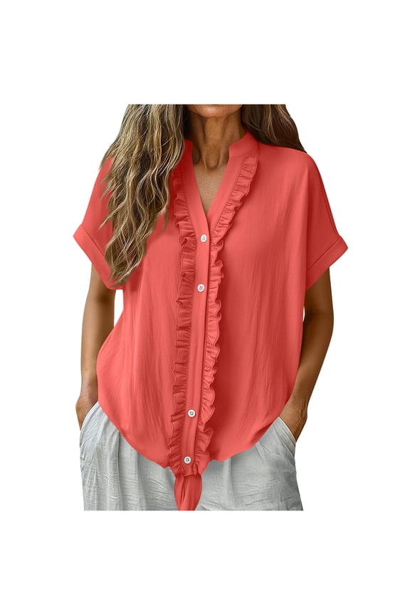 Women's Short-sleeved Top Strap Button Lace V-neck Solid Color Short Sleeve Top