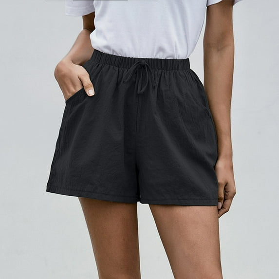SBYOJLPB Women's Shorts Casual Women Solid High Waist Cotton and Linen Shorts Pants Casual Beach Shorts Black 10(XL)