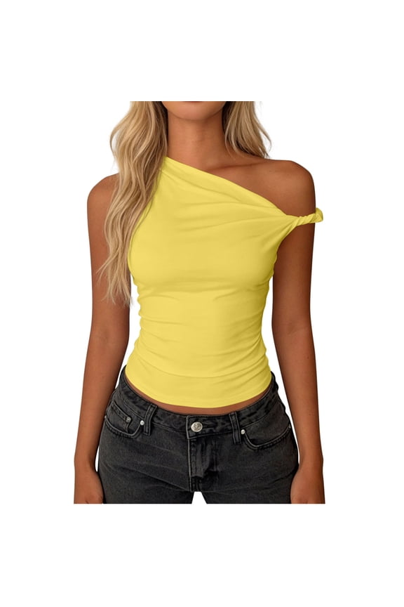Women's Sleeveless Top One-Shoulder Asymmetrical Sleeveless Top with Pleated Detail and Ruching