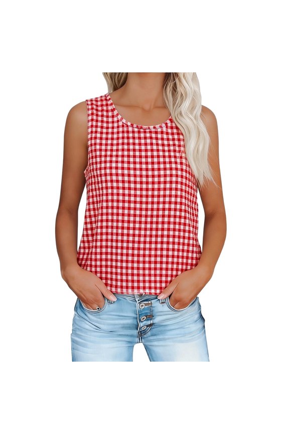 Women's Sleeveless Tops Fashionable Round Neck Sleeveless Shirt with grid Summer Women's Top
