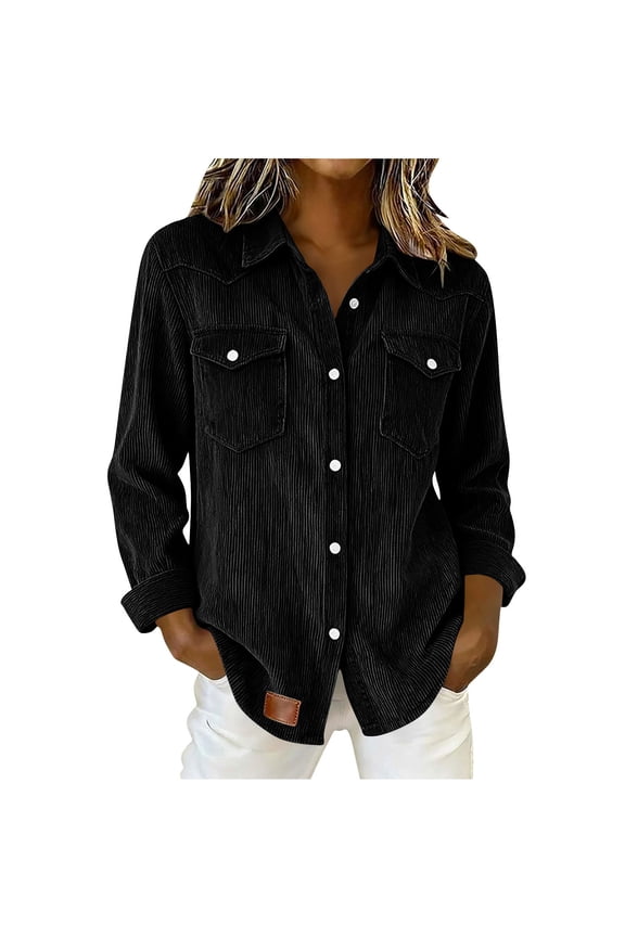 Women's Solid Color Casual Long Sleeve Button-Down Collar Pocket Open Front Shirt Tops Blouse Black-z XXL