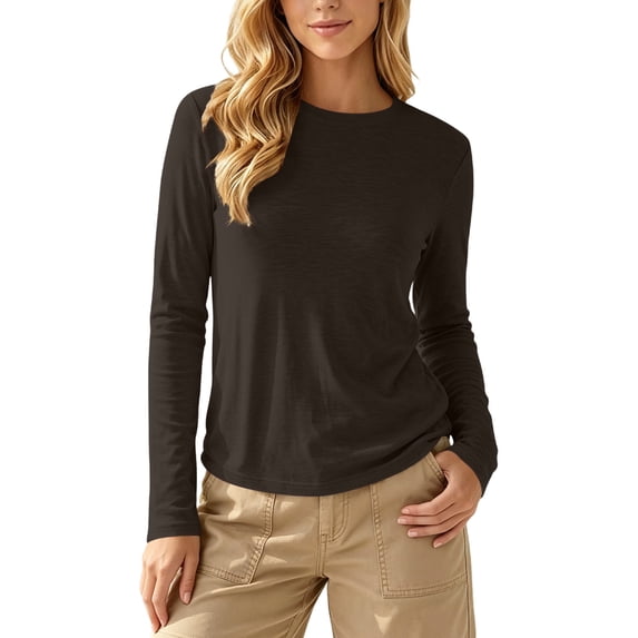 SBYOJLPB Women's Solid Color Crew Neck Tops Long Sleeve Regular T-Shirt Casual Classic Pullover Top