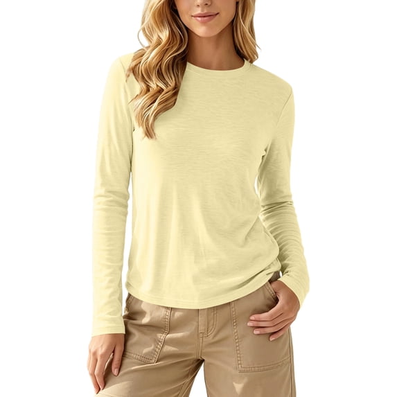 SBYOJLPB Women's Solid Color Crew Neck Tops Long Sleeve Regular T-Shirt Casual Classic Pullover Top