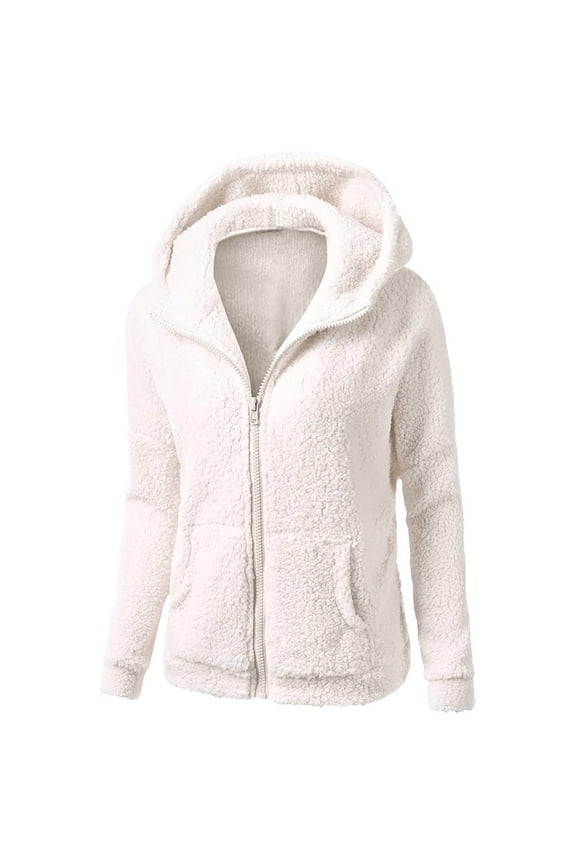 Women's Solid Color Hooded Sweater Coat Warm Zip Up Winter Jacket with Pockets Long Sleeve Outerwear Cozy Fleece Lined Coat