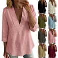 thumbnail image 1 of SBYOJLPB Women's Solid Color Tops 3/4 Sleeve Cotton-linen V-neck Pullover Top, 1 of 6