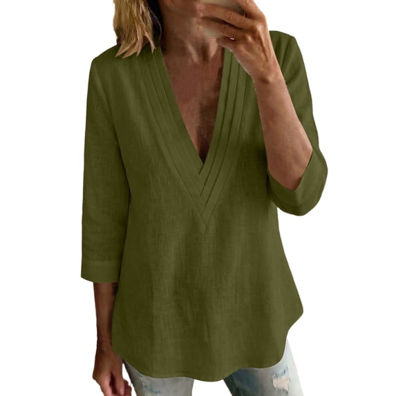 SBYOJLPB Women's Solid Color Tops 3/4 Sleeve Cotton-linen V-neck Pullover Top