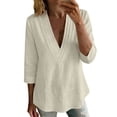 thumbnail image 1 of SBYOJLPB Women's Solid Color Tops 3/4 Sleeve Cotton-linen V-neck Pullover Top, 1 of 6