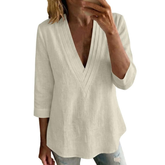 SBYOJLPB Women's Solid Color Tops 3/4 Sleeve Cotton-linen V-neck Pullover Top