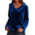 thumbnail image 1 of SBYOJLPB Women's Solid Velvet Long Sleeve V Neck T-Shirt Top Spring Blouse Blue L, 1 of 6