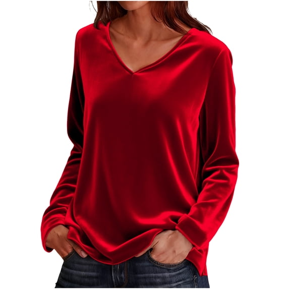 SBYOJLPB Women's Solid Velvet Long Sleeve V Neck T-Shirt Top Spring Blouse Red M