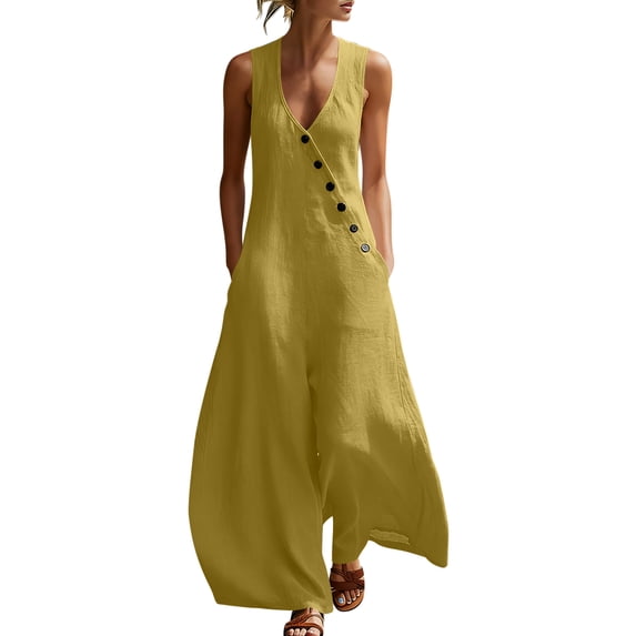 SBYOJLPB Women's Summer Jumpsuit Solid Color Linen Casual V-Neck Overall with Pockets