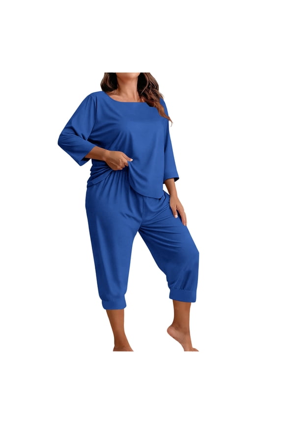 Women's Summer Set Plus Size Fashionable Solid Color Long Sleeved Top and Capris Pants Casual Cropped Trousers Home Suit Set