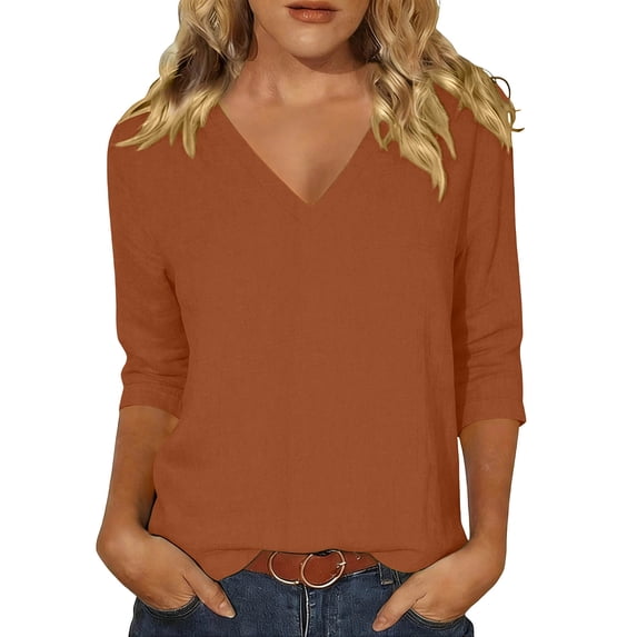 SBYOJLPB Women's Top 3/4 Sleeve V-Neck Solid Color Tops