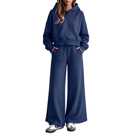 SBYOJLPB Women's Two Piece Sets Solid Color Hooded Sweatshirt Tops and Wide Leg Sweatpants Home Comfortable Sportswear Set