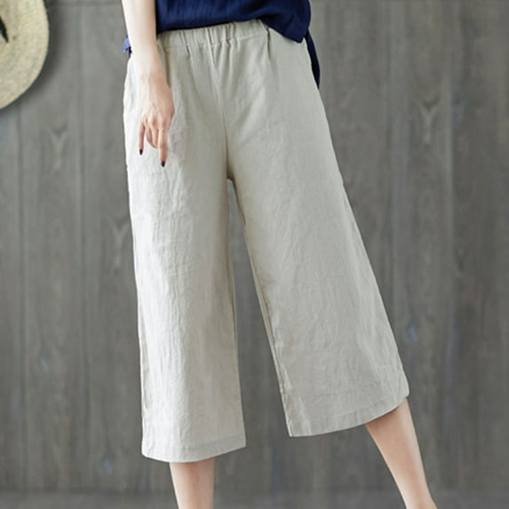 SBYOJLPB Womens Capris Womens Casual Elastic Waist Loose Cotton Linen Trouser Cropped Wide Leg Pants